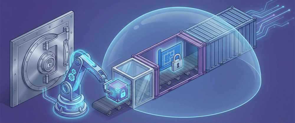 Isometric illustration of a robotic arm transferring a glowing, locked cube from a large vault into a shipping container. Inside the container, there is also a blueprint with a padlock icon. The entire process is enclosed within a transparent, domed energy shield, set against a dark blue background with circuit board patterns. A solid beige block is at the bottom of the image.