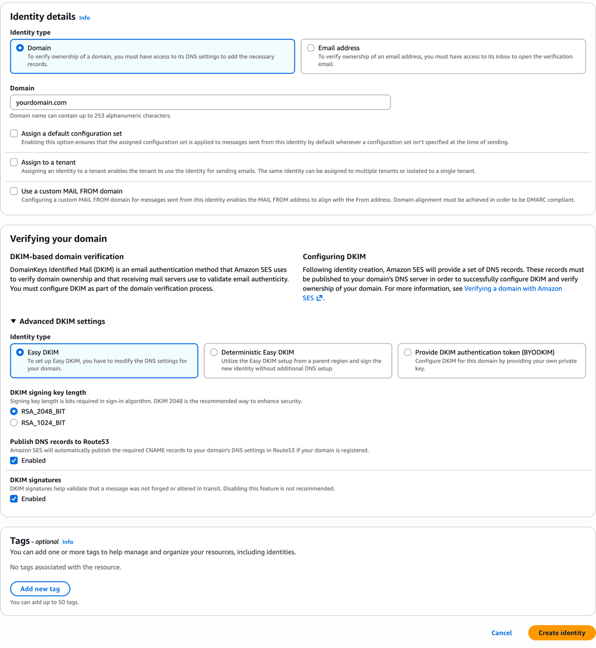 AWS SES domain setup screen