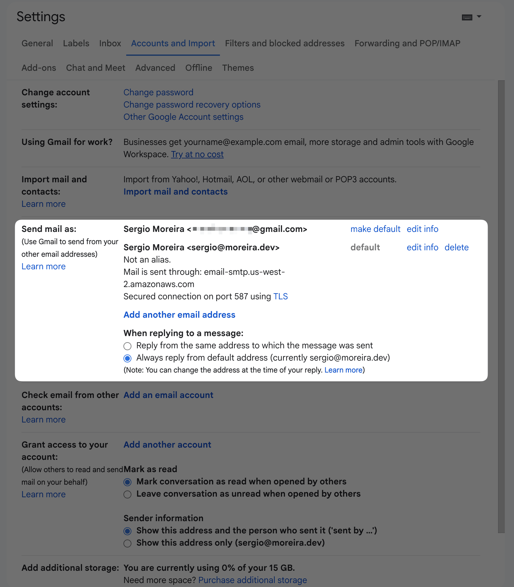 Settings page of the Gmail account, highlighting the 'Send mail as' section