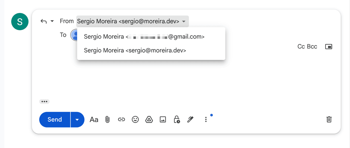 Gmail account showing a dropdown to select the preferred 'From' address