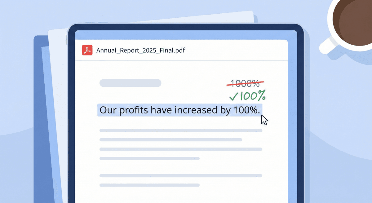 A digital illustration showing a tablet screen with a PDF document titled 'Annual_Report_2025_Final.pdf'. A typo in the sentence 'Our profits have increased by 100%.' is corrected: the number '1000%' is crossed out in red, and '100%' is written in green with a green checkmark next to it. A cursor points to the correction. The tablet is on a desk with papers and a cup of coffee.